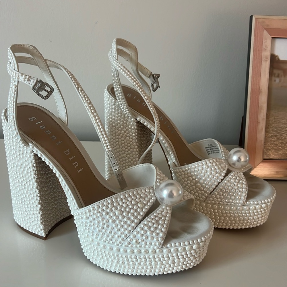 GIANNI BINI KEMARA TWO OPEN EMBELLISHED PEARL STUDDED PLATFORM SANDALS